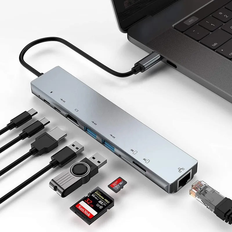 Adaptador Tipo C 8 en 1 - 2 Tipo C + HDMI + 2 USB3.0 + Lector Memoria + internet (RJ45)