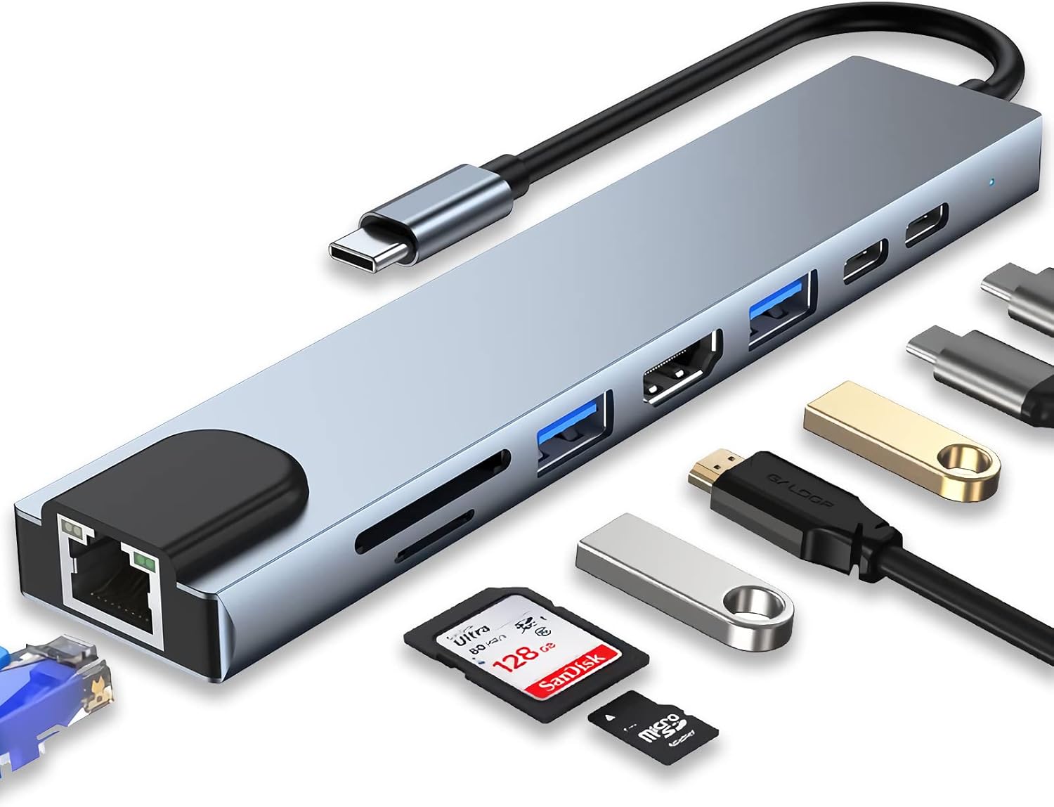 Adaptador Tipo C 8 en 1 - 2 Tipo C + HDMI + 2 USB3.0 + Lector Memoria + internet (RJ45)