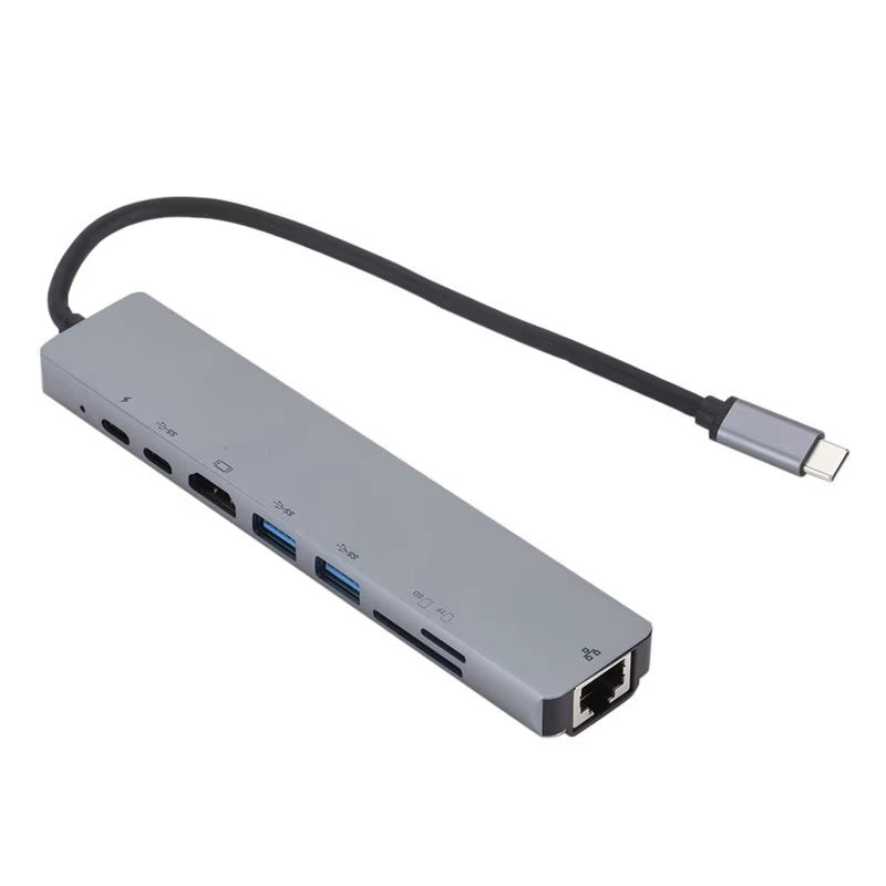 Adaptador Tipo C 8 en 1 - 2 Tipo C + HDMI + 2 USB3.0 + Lector Memoria + internet (RJ45)