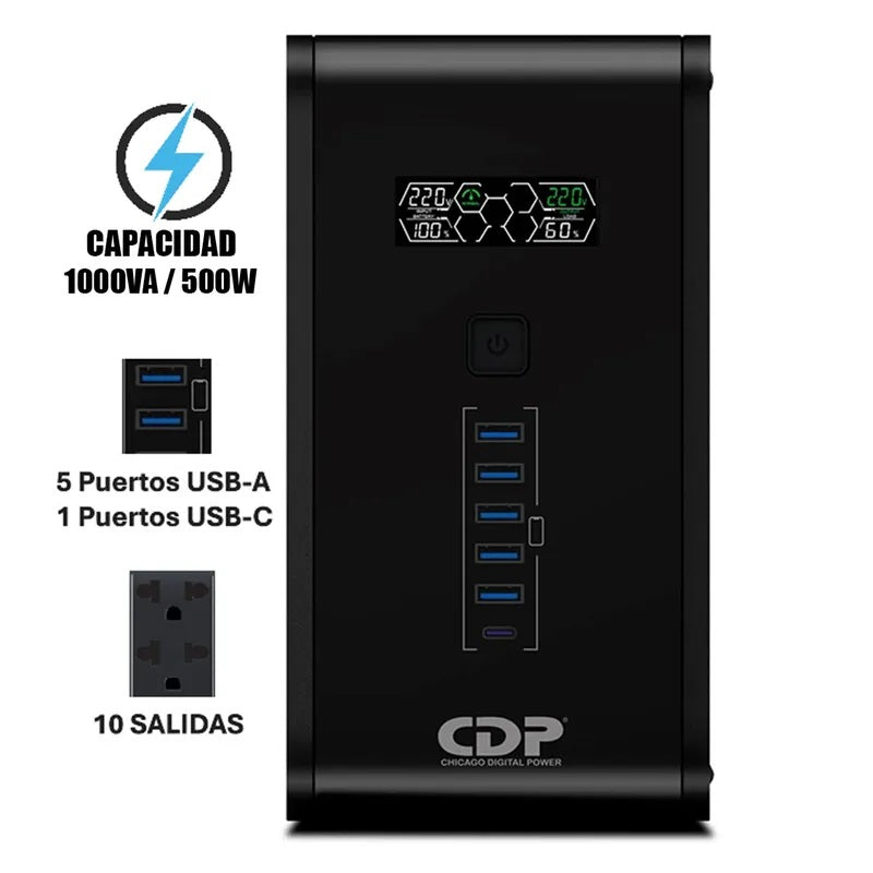 UPS CDP R-SMART 1010I 1000VA / 500W Autonomía 30min 10 Salidas/5 Port USB-A/1 Port USB-C