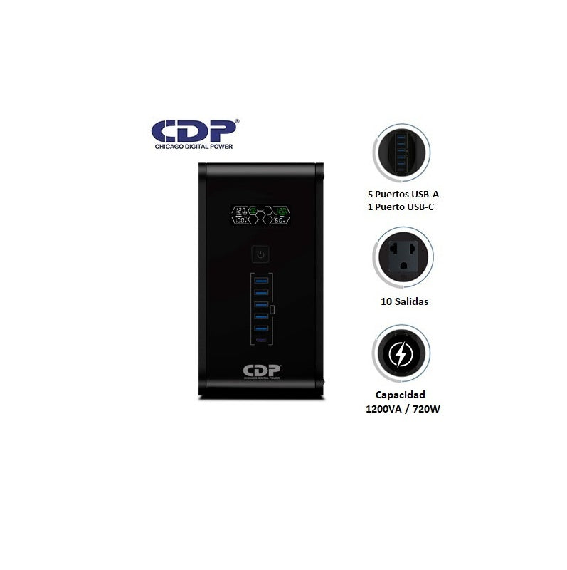 UPS CDP R-SMART 1210I 1200VA / 750W / 10 Salidas / 5 Port USB-A / 1 Port USB-C