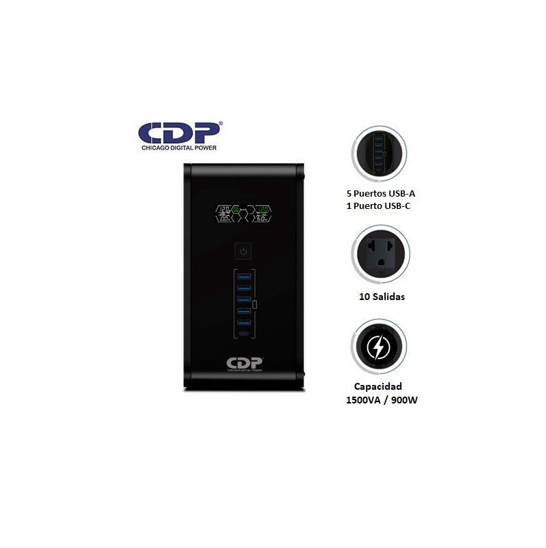 UPS CDP R-SMART 1510I 1500VA / 900W / 10 Salidas / 5 Port USB-A / 1 Port USB-C